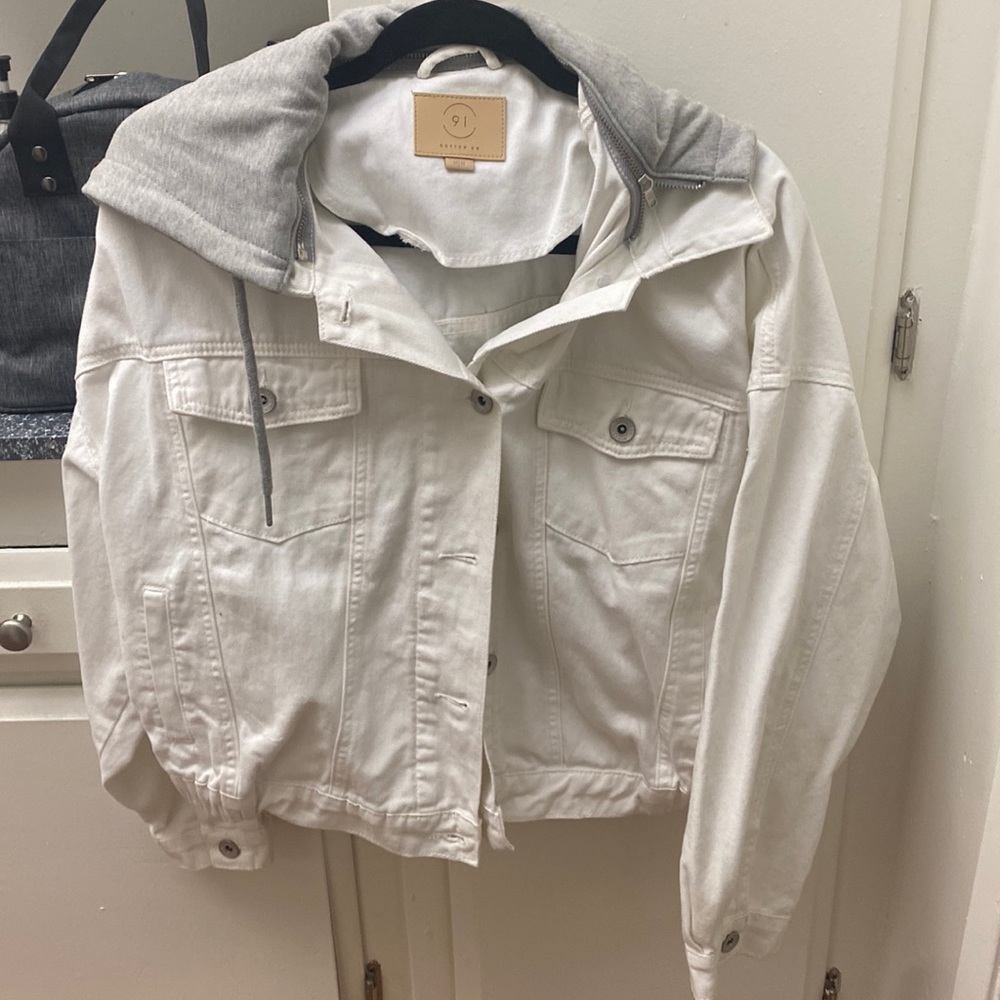 White Jean Jacket with Grey Hood